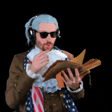 a man wearing a wig and sunglasses is holding a piece of paper that says are you done yet