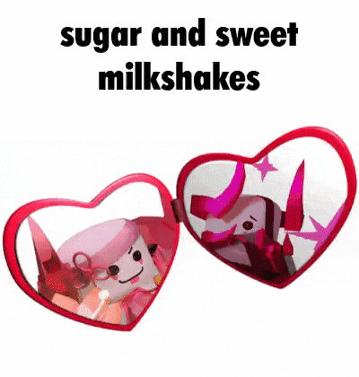 a heart shaped mirror with a picture of a stuffed animal inside of it and the words `` sugar and sweet milkshakes '' .