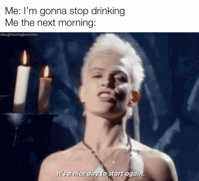 a shirtless man is standing in front of candles and says `` it 's a nice day to start again ''