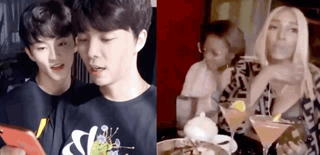 a man and a woman are sitting at a table eating and drinking