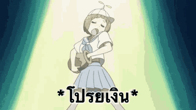 a cartoon girl in a school uniform is holding a microphone and a bottle of beer .