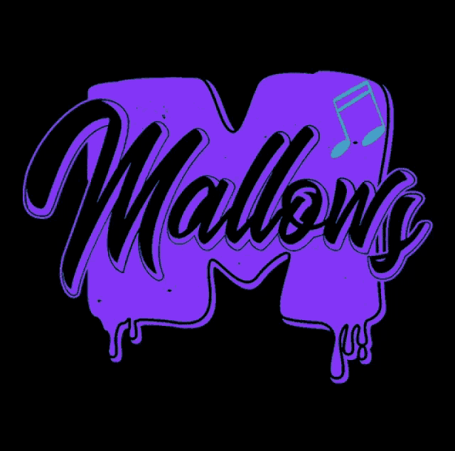 a blue and black logo for mallows with a music note on a black background