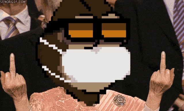 a pixel art image of a woman wearing a mask and sunglasses giving the middle finger