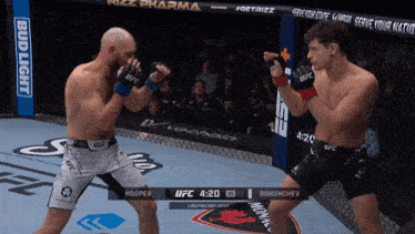 two men are fighting in a boxing ring with a bud light banner in the background
