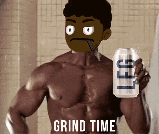 a shirtless cartoon character is holding a can of lg