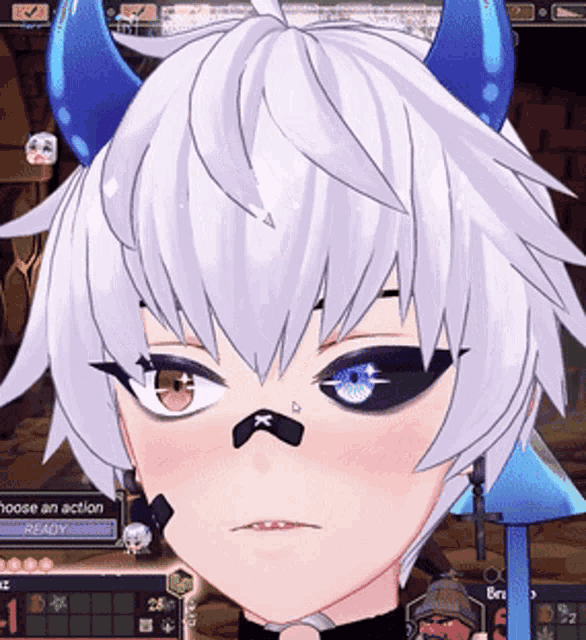 a close up of a person 's face in a video game with a ready button in the lower right corner