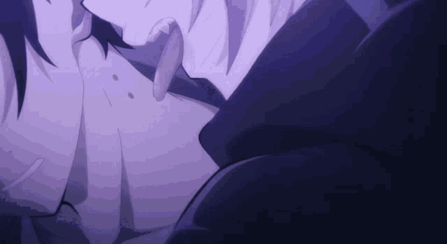 a close up of a person 's face with a purple background