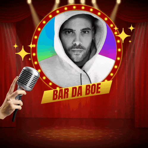 a hand holding a microphone with the name bar da boe on the bottom right