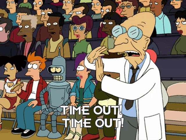a group of cartoon characters are sitting in a stadium and one of them says time out time out