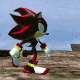 shadow the hedgehog from sonic the hedgehog walking on a dirt road