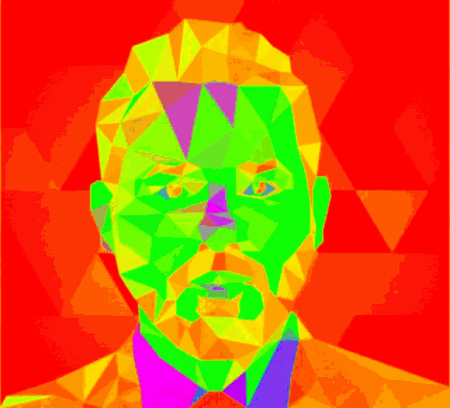 a colorful portrait of a man with a beard is displayed on a red background