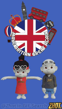 two cartoon characters are standing in front of a british flag that says " make britian great again "