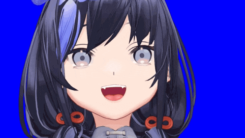 a close up of a girl 's face on a blue screen