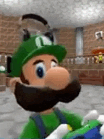 a cartoon character with a beard and mustache is wearing a green hat and holding a remote control .