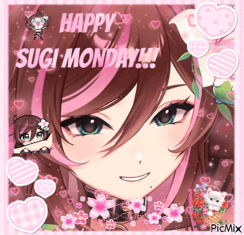 a picture of a girl with the words happy sugi monday on the bottom