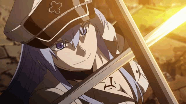 a girl with blue hair is holding a sword and has the letter i on her chest