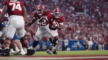 a football player with the number 74 on his back is running with the ball .
