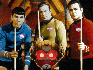 three men holding pool cues with pool masters written on their sweaters