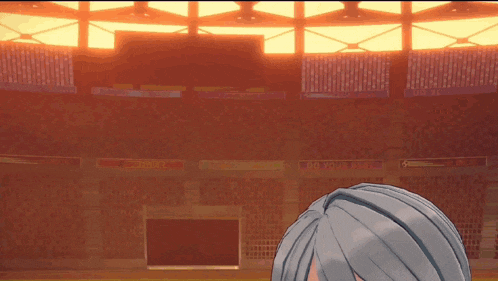 a cartoon character with gray hair and yellow eyes stands in a stadium