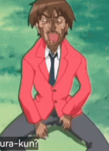a man in a red jacket and tie is kneeling down with ura-kun written on the bottom