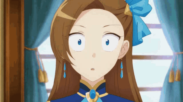 a close up of a girl with a blue bow on her hair