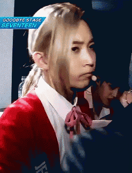 a close up of a person with the words goodbye stage seventeen on the bottom