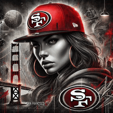 a black and white painting of a woman wearing a red san francisco 49ers hat