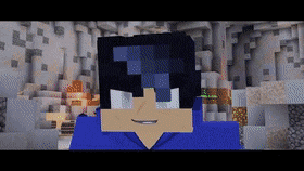 a minecraft character is smiling in front of a cave background