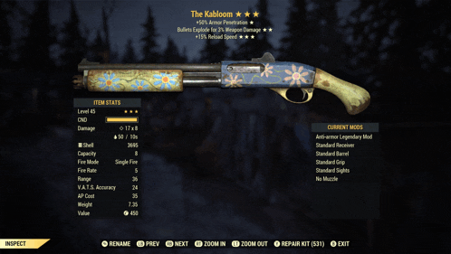 a video game screen shows a shotgun with flowers on it