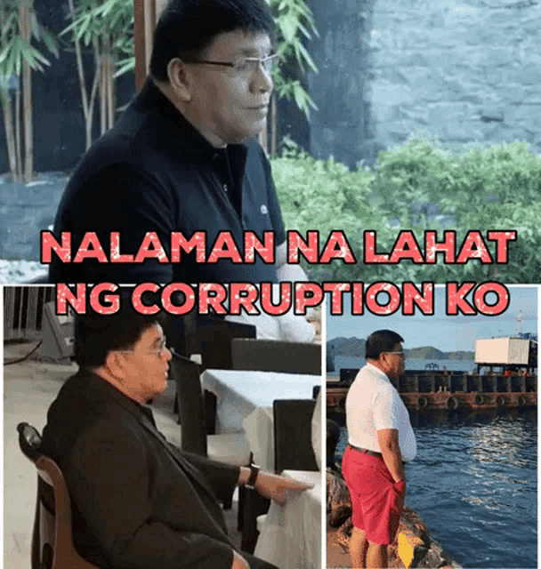 a man with glasses sits in a chair with the words nalaman na lahat ng corruption ko above him