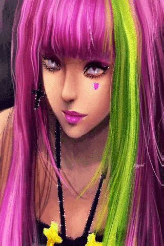 a girl with pink and green hair is wearing a necklace and earrings