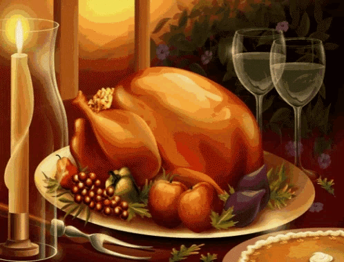a painting of a turkey on a plate with fruit and a candle