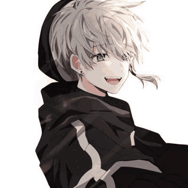 a boy with white hair and blue eyes is wearing a black jacket and a hood .