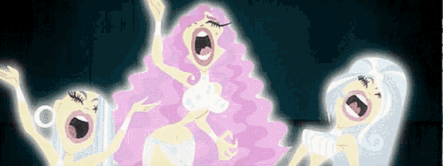 a cartoon of three ghosts with pink hair and white hair