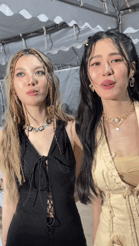 two women are standing next to each other and one is wearing a necklace