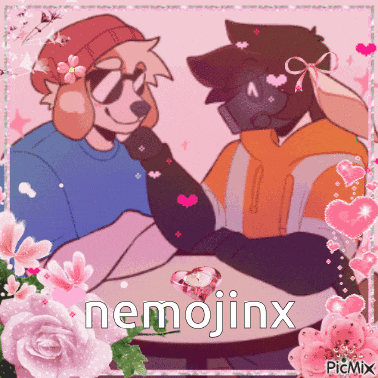 a couple of cartoon characters sitting at a table with the name nemojinx on the bottom