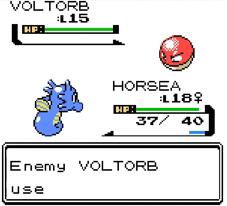 a pixel art of a horsea fighting a voltorb in a pokemon game .