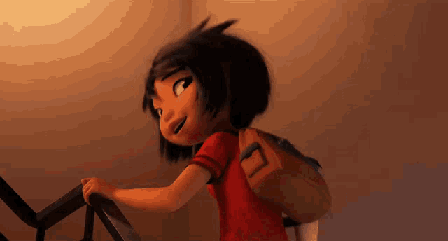a cartoon girl with a backpack is walking up stairs