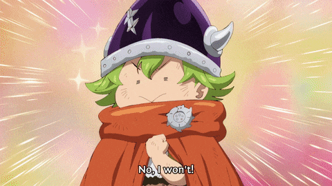 a cartoon character with green hair and a purple hat says no i won t
