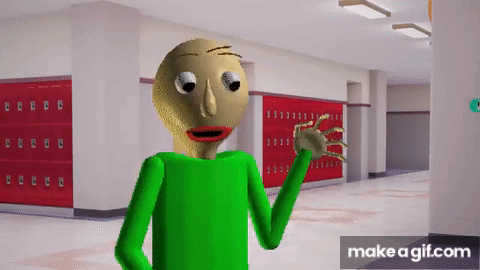 a cartoon character is standing in a hallway with red lockers behind him