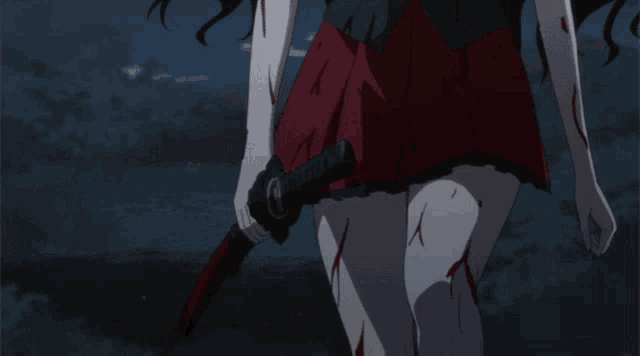 a woman in a bloody skirt is holding a bloody sword