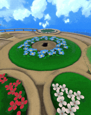 a circle of flowers in a garden with a blue sky behind them