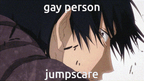 a close up of a person 's face with the words gay person jumpscare below it