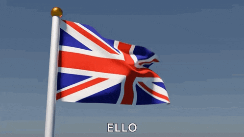 a british flag is waving in the wind with the word " ello " written below it