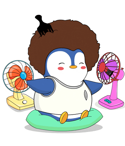 a penguin with an afro is sitting on a pillow next to two fans