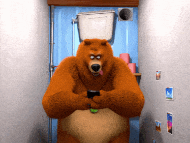 a cartoon bear is standing in a bathroom holding a cell phone