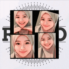 a woman wearing a hijab is smiling in a collage of four pictures