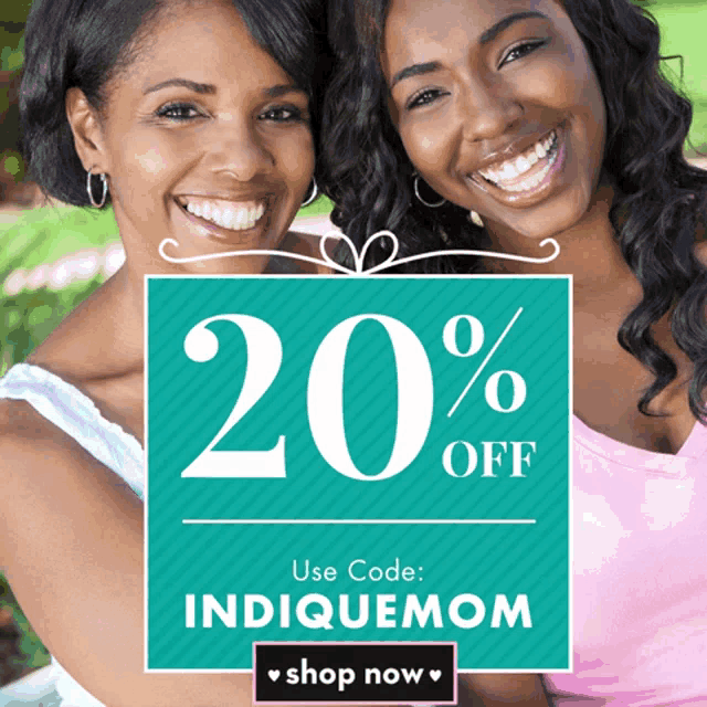 two women are smiling in front of a sign that says 20 off