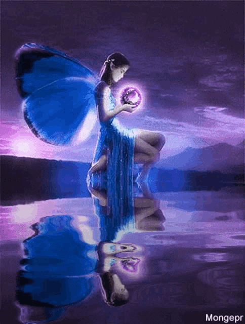 a fairy with blue wings is sitting in the water holding a glowing ball .