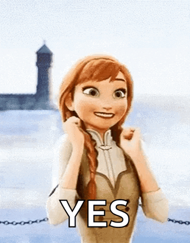 anna from frozen is smiling and saying yes in front of a body of water